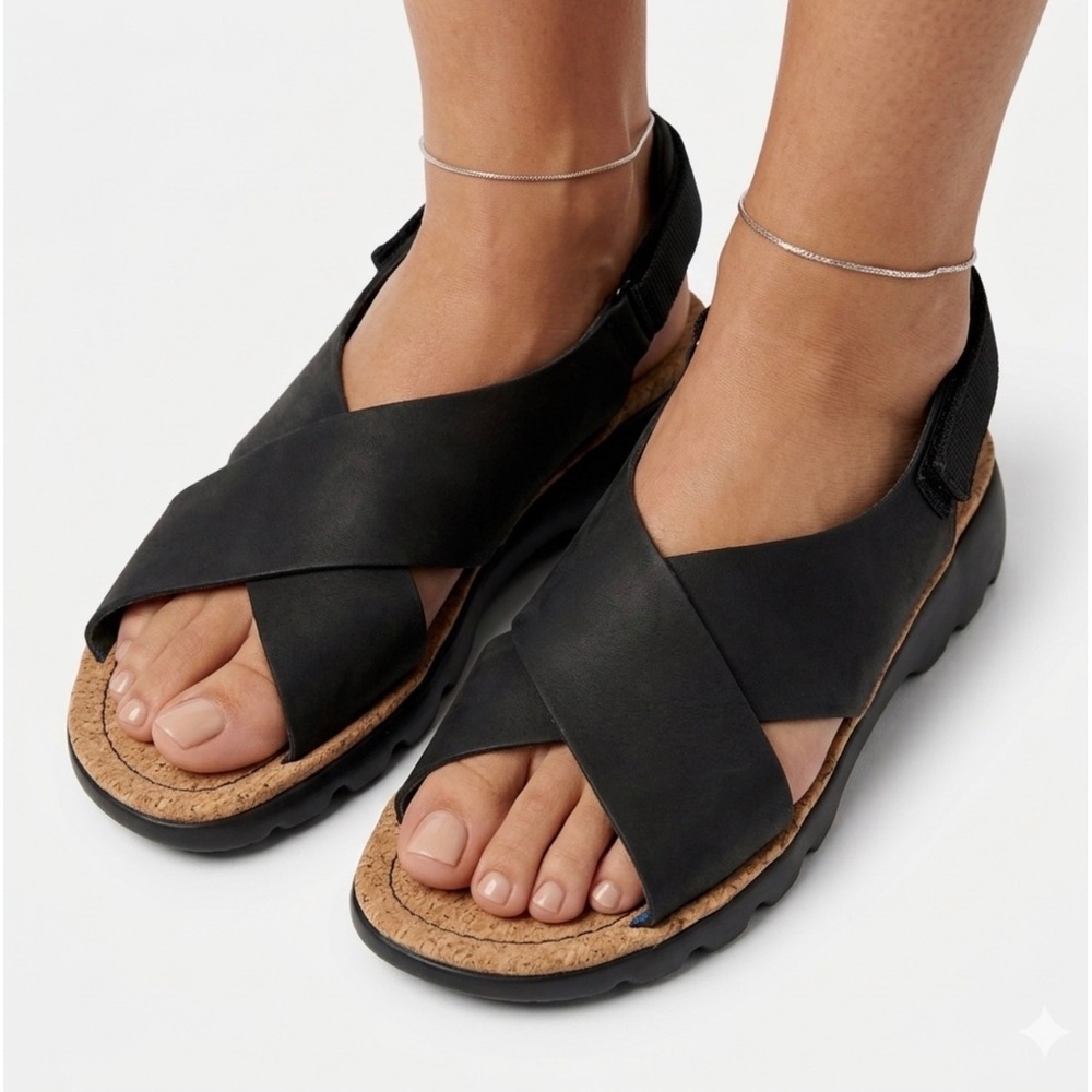 Camper Oruga Black Leather Cross Strap Cork Platform Sandals Size 41 Womens